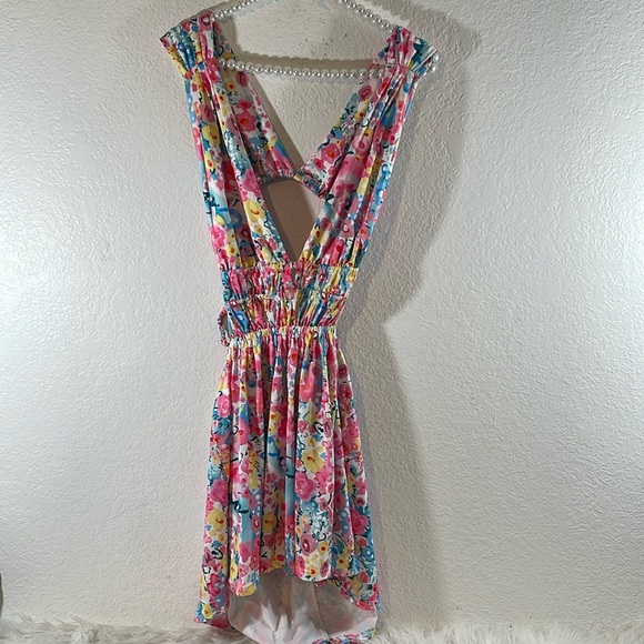 Floral V-Neck Colorful Sexy Open Back Mini Dress Size Large - Picture 4 of 16